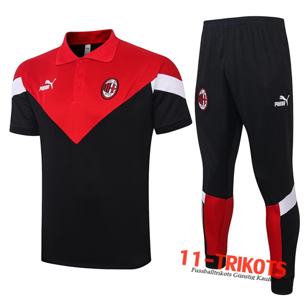 Neuestes Fussball Milan AC Poloshirt + Hose Schwarz Rot 2020/2021 | 11-trikots
