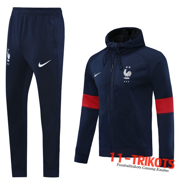 Neuestes Fussball Frankreich Trainingsanzug Jacke mit Kapuze Blau Royal 2020 2021 | 11-trikots