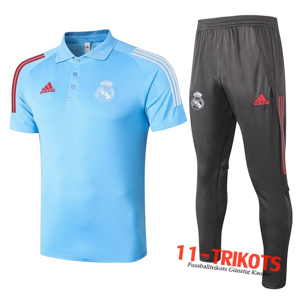 Neuestes Fussball Real Madrid Poloshirt + Hose Blau 2020/2021