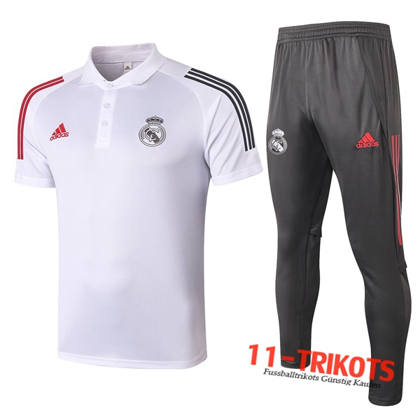 Neuestes Fussball Real Madrid Poloshirt + Hose Weiß 2020/2021