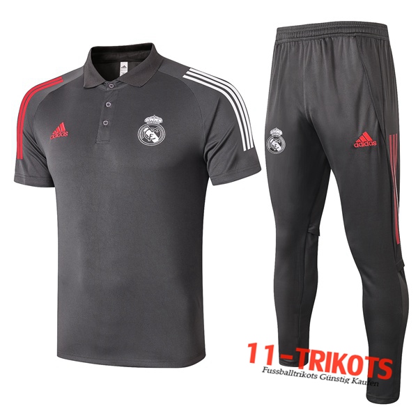 Neuestes Fussball Real Madrid Poloshirt + Hose Grau 2020/2021
