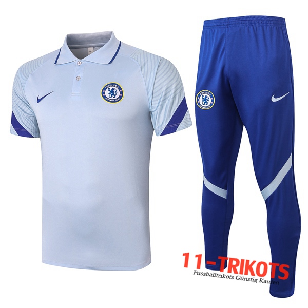 Neuestes Fussball FC Chelsea Poloshirt + Hose Grau 2020/2021