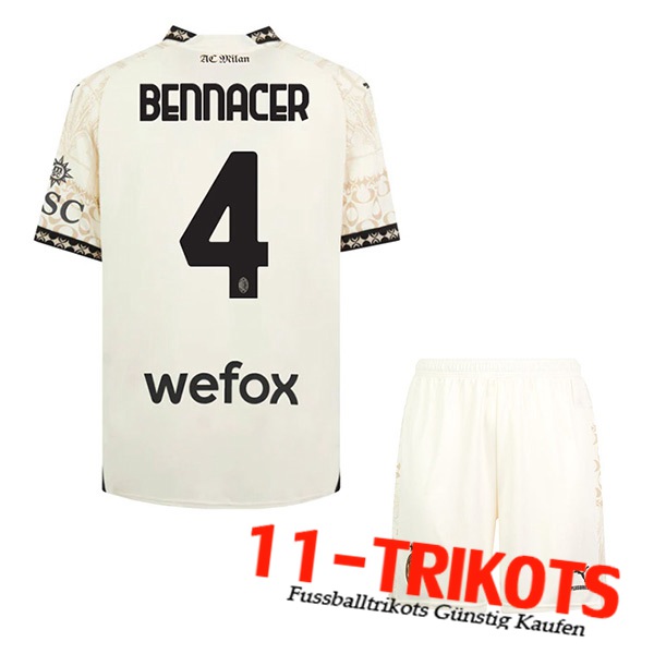 Atalanta Fussball Trikots （BENNACER #4) Kinder 2023/2024 Vierte Weiß