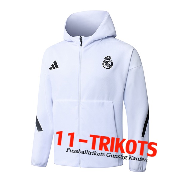 Real Madrid Trainingsjacke Met Capuchon Wit/Zwart 2025/2026 Real Madrid Trainingsjacke Met Capuchon Wit/Zwart 2025/2026