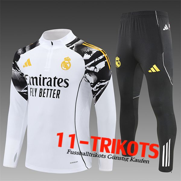 Real Madrid Trainingsanzug Kinder Weiß/Schwarz/Gelb 2025/2026 Real Madrid Trainingsanzug Kinder Weiß/Schwarz/Gelb 2025/2026